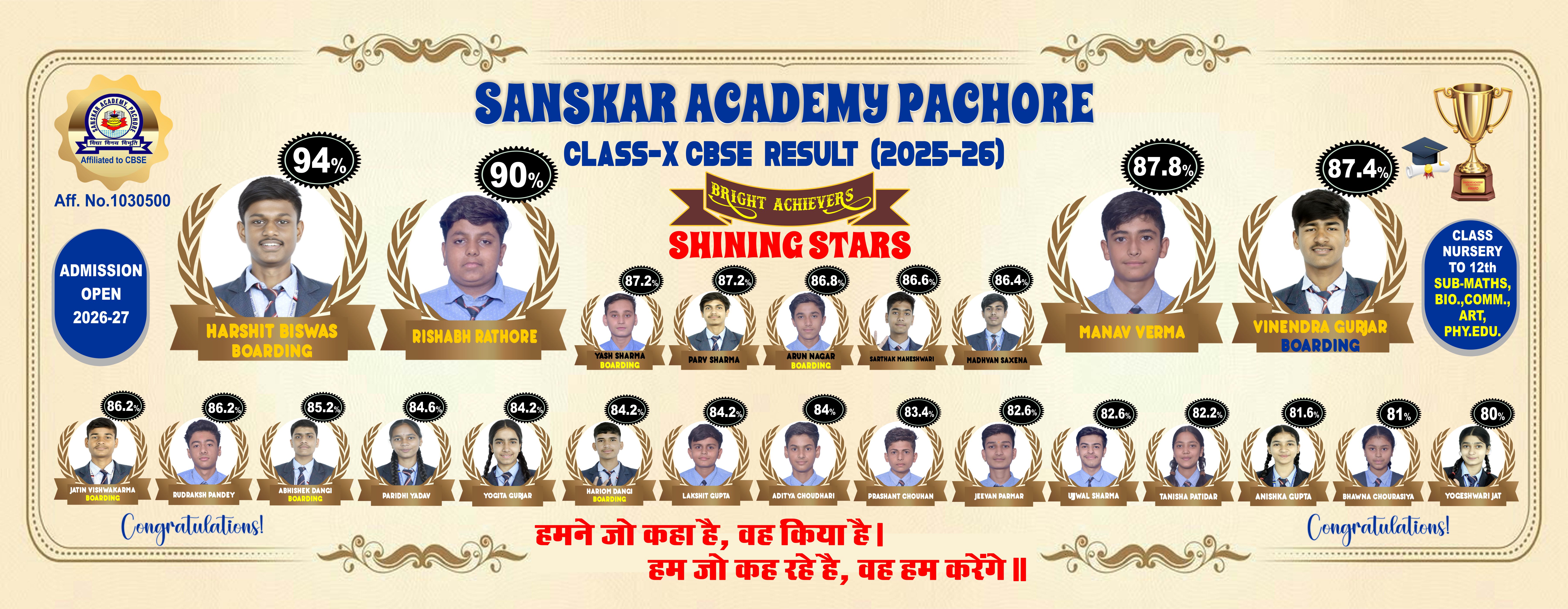 Sanskar Academy Class 10 Toppers Session 2025-2026